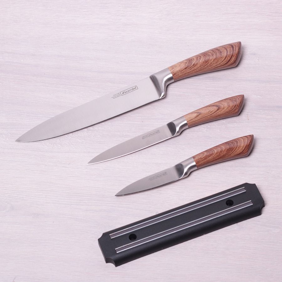 Набір кухонних ножів 4 предмети в подарунковій упаковці (3 ножі+магнітний тримач) Kamille