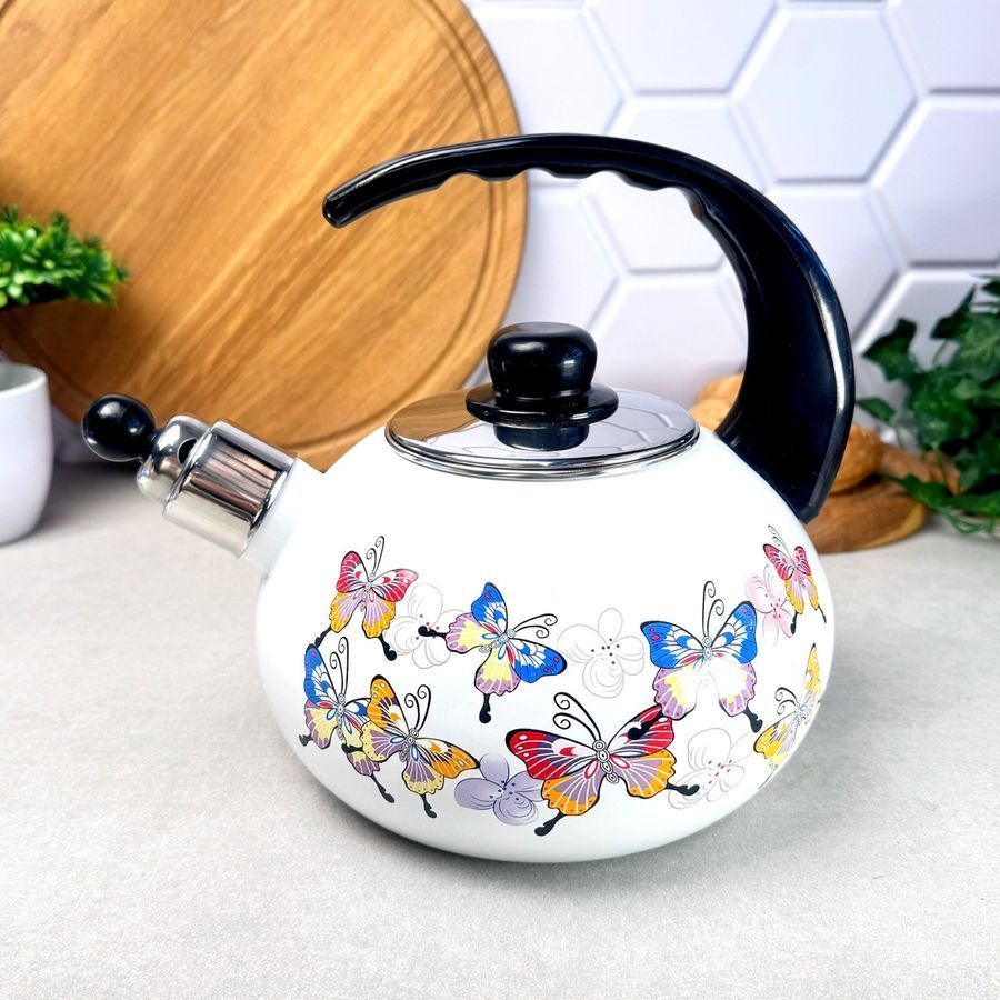 Чайник 2,5 л. эмалированный со свистком Kamille Бабочки Kamille