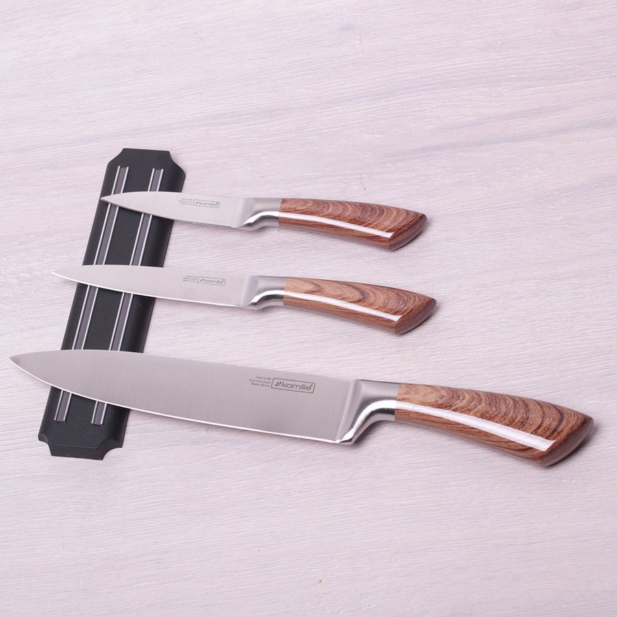 Набор кухонных ножей 4 предмета в подарочной упаковке (3 ножа+магнитный держатель) Kamille