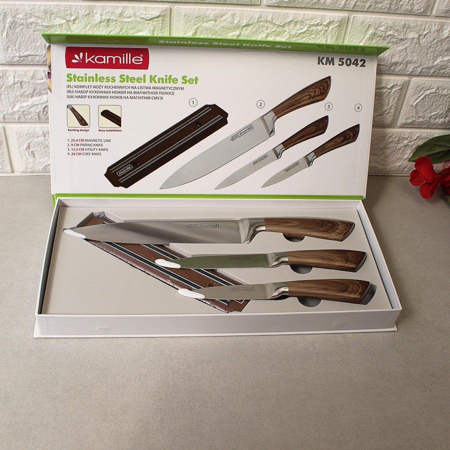 Набор кухонных ножей 4 предмета в подарочной упаковке (3 ножа+магнитный держатель) Kamille