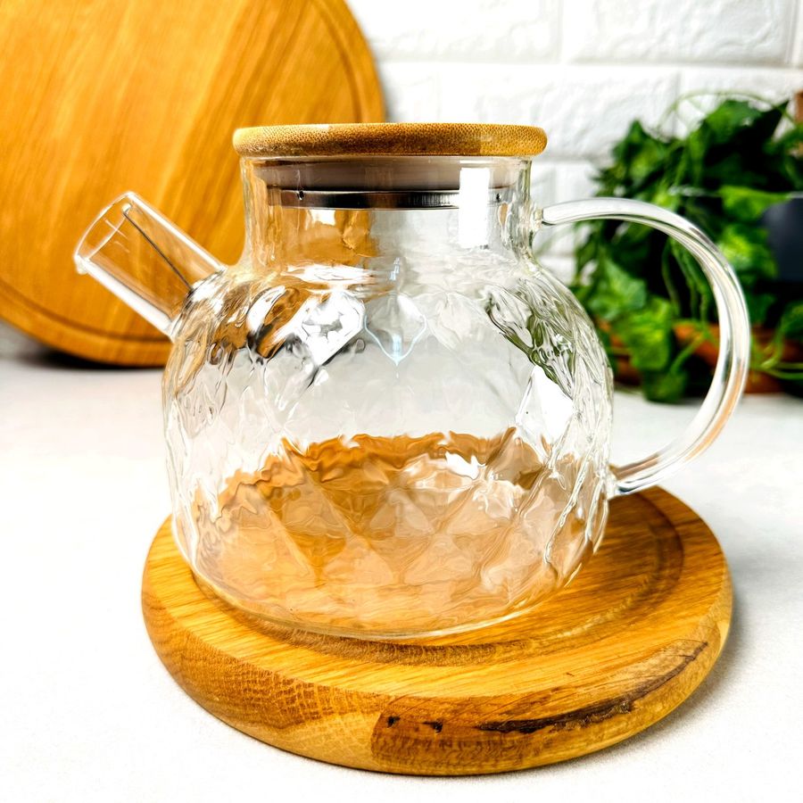 Стеклянный заварочный чайник с деревянной крышкой 1 л Sapphire Без бренда