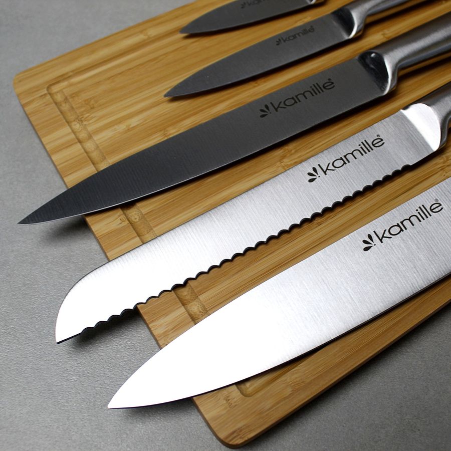 Набор кухонных ножей с разделочной доской на деревянной подставке Kamille