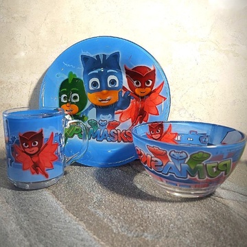 Набір дитячого скляного посуду 3 предмета з мульт-героями Герої в масках, Набір дитячого посуду, Hell