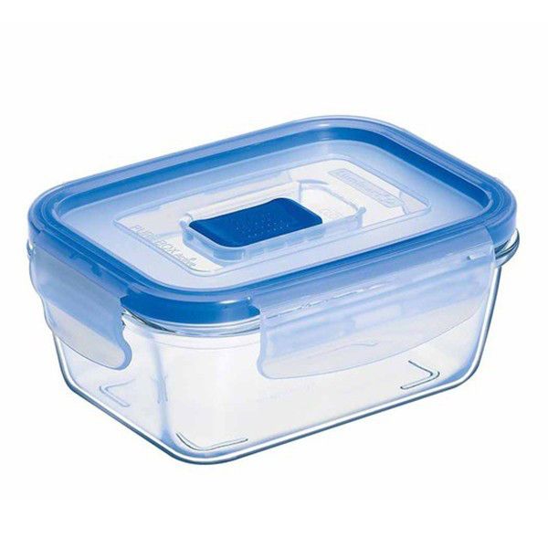 Скляний харчовий контейнер прямокутний з блакитною кришкою Luminarc Pure box 380 мл (L8774) Luminarc