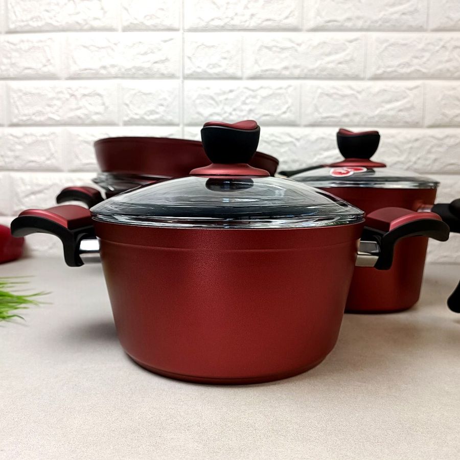 Набір червоного кухонного посуду Casa Royal Elite Titanium - Bio Titanium 7 предметів Casa Royal