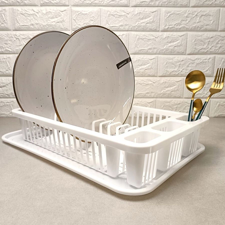 Белая пластиковая настольная сушилка для посуды с поддоном Алеана