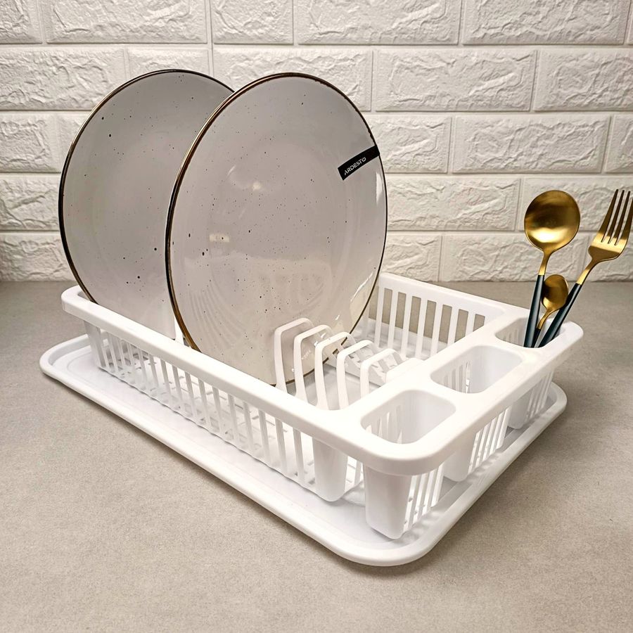 Біла пластикова настільна сушарка для посуду з піддоном Алеана