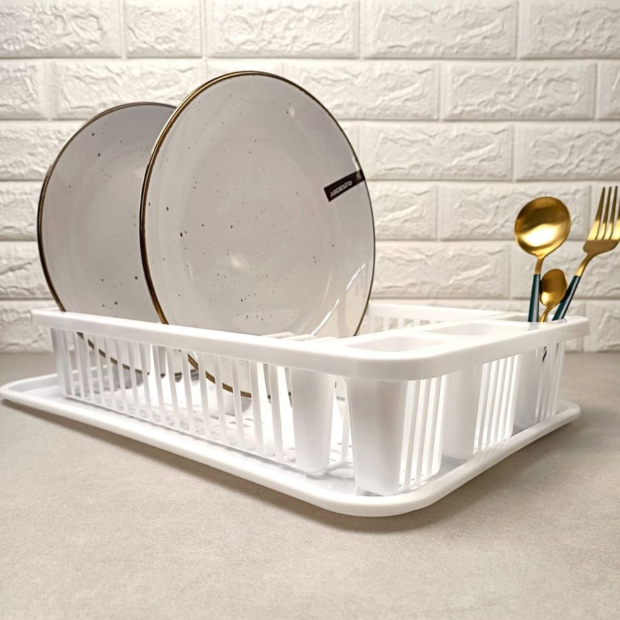 Біла пластикова настільна сушарка для посуду з піддоном Алеана