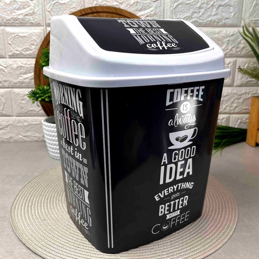 Чорне відро для сміття з декором кава і поворотною кришкою, 341 Elif Elif Plastik