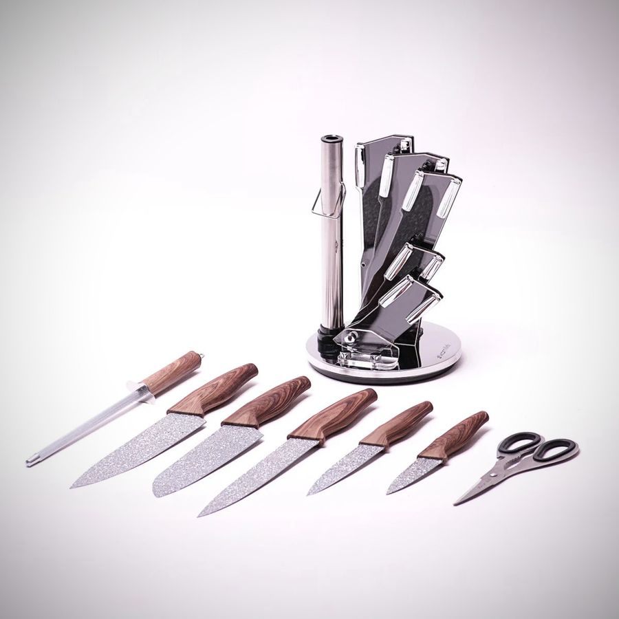 Набір гранітних ножів з точилом Kamille 8 предметів на акриловій підставці Kamille