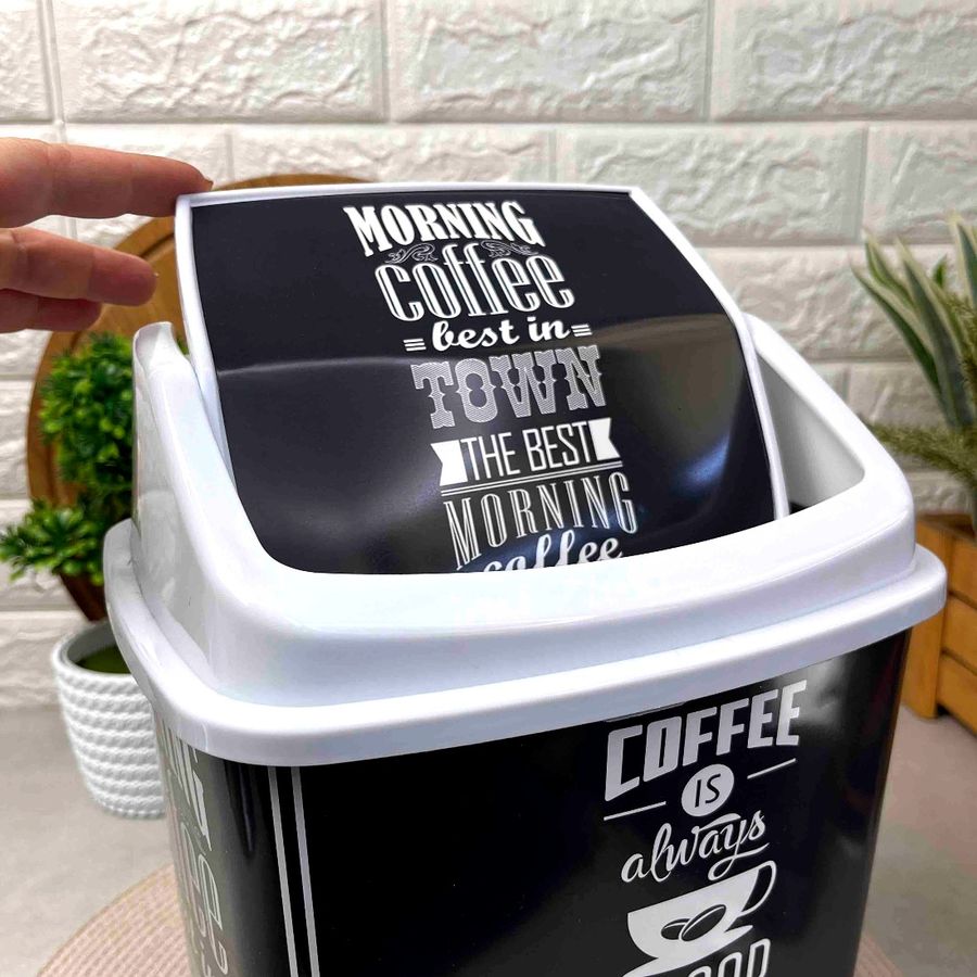 Черное мусорное ведро с декором кофе и поворотной крышкой, 341 Elif Elif Plastik