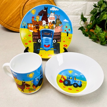 Подарочный набор посуды для мальчиков 3 пр Синий Трактор (стеклокерамика), детская посуда Hell