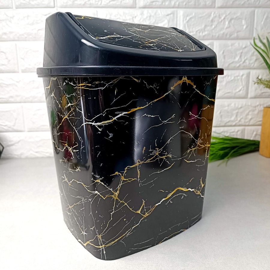 Чорне відро для сміття з декором "Мармур" і поворотною кришкою, 341 Elif Elif Plastik