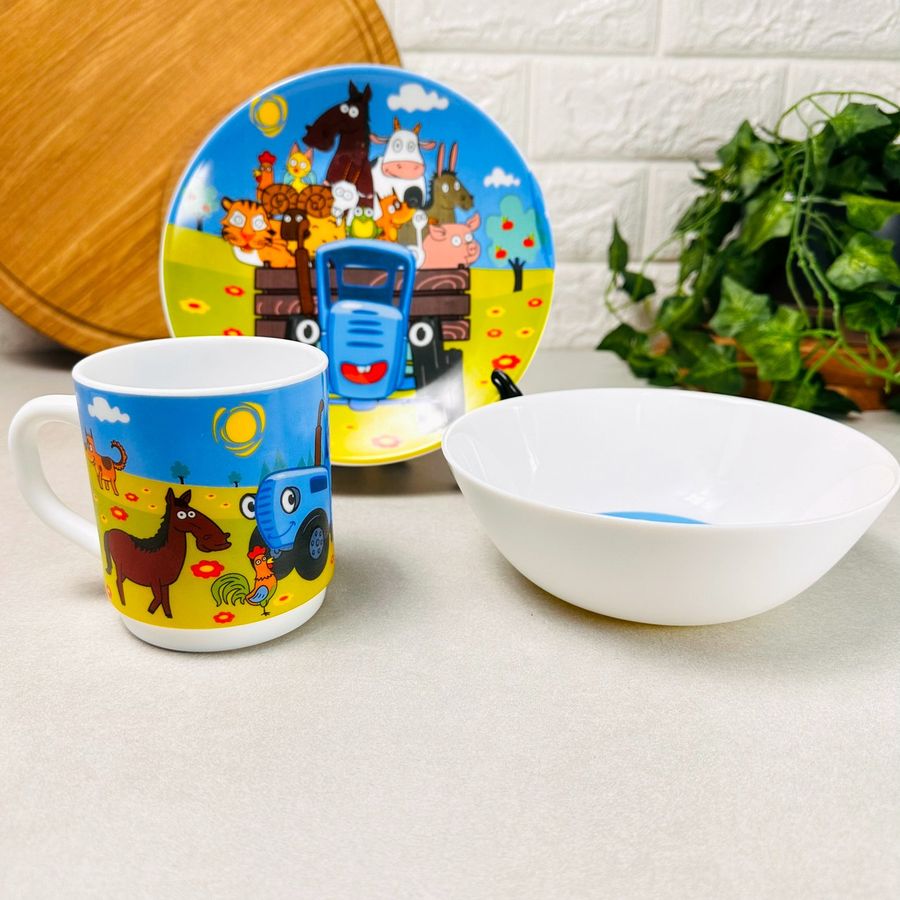 Подарунковий набір посуду для хлопчиків 3 пр Синій Трактор (склокераміка), дитячий посуд Hell
