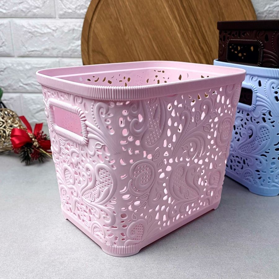 Высокая розовая ажурная корзинка без крышки 3.5л для хранения вещей Hell