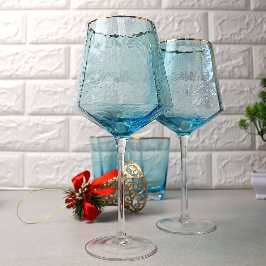 Набор голубых бокалов для вина с золотым ободком 2 шт 530 мл Голубой лёд А-Плюс