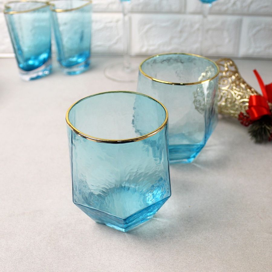 Набір блакитних склянок із золотим обідком 2 шт 410 мл Блакитний лід А-Плюс
