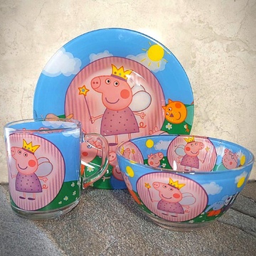 Набор детской стеклянной посуды 3 предмета с мульт-героями Свинка Пеппа, Набор детской посуды, разноцветный Hell