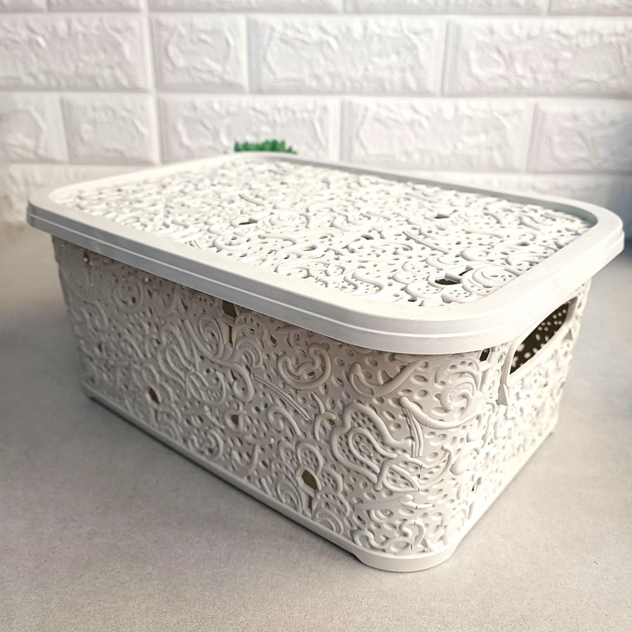 Ажурная кремовая корзинка для хранения с крышкой 6л Violetti