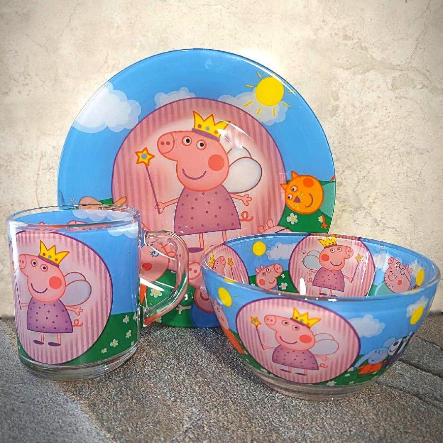 Набор детской стеклянной посуды 3 предмета с мульт-героями Свинка Пеппа, Набор детской посуды, разноцветный Hell