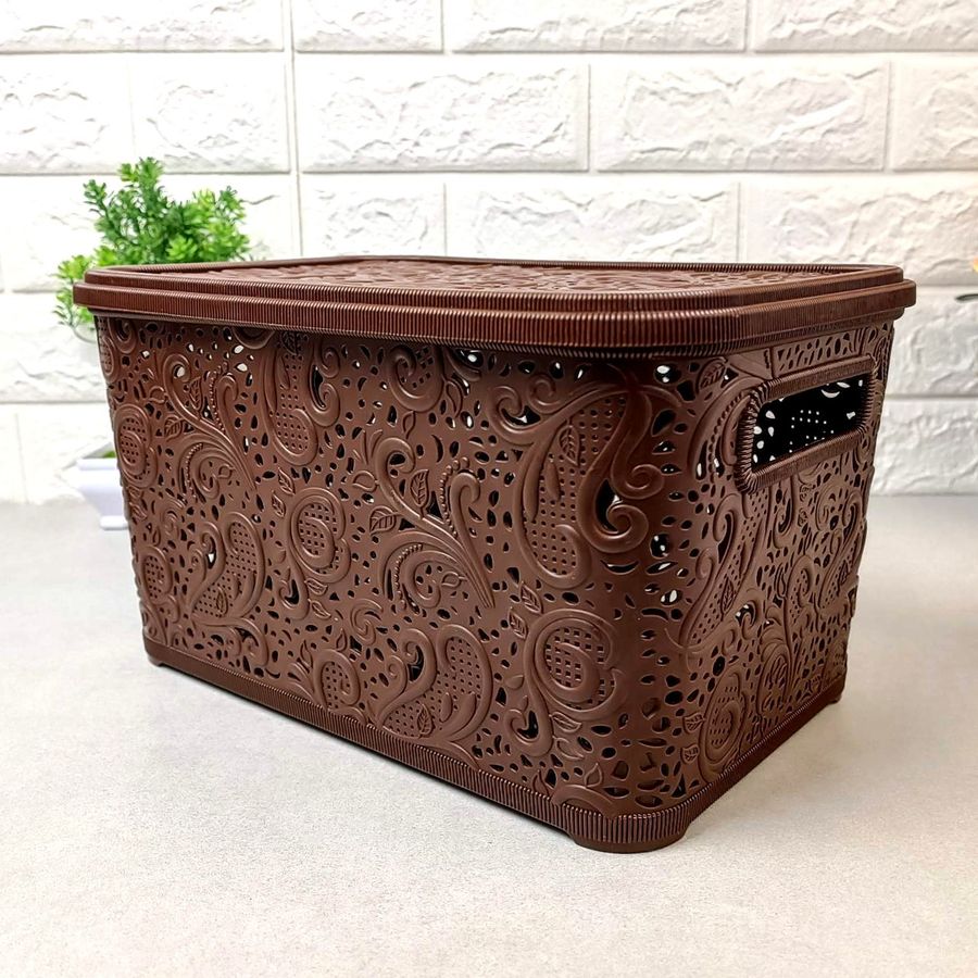 Ажурная коричневая корзинка для хранения с крышкой 10л Ефе Efe plastics