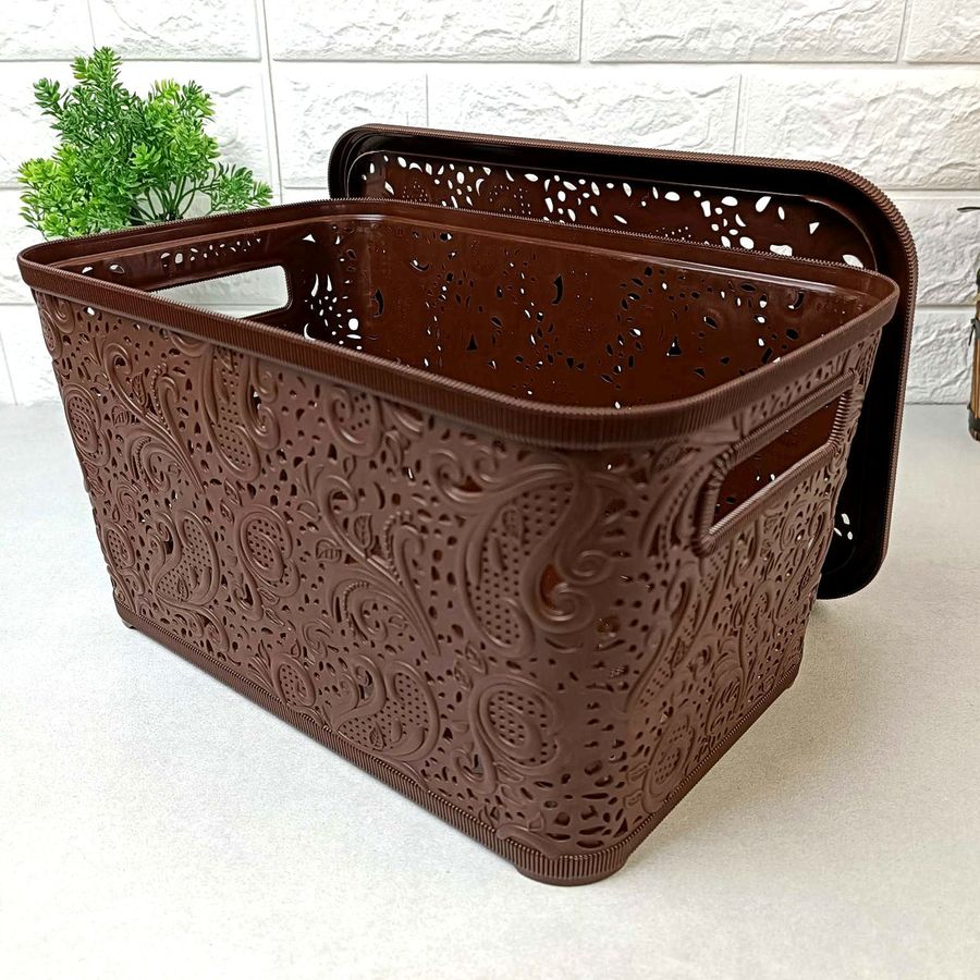 Ажурная коричневая корзинка для хранения с крышкой 10л Ефе Efe plastics