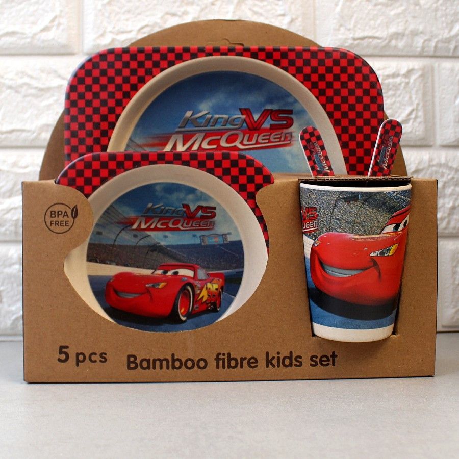 Подарунковий набір посуду для хлопчика з еко-бамбука 5 предметів Тачки МакКвин HLS (4309) Hell