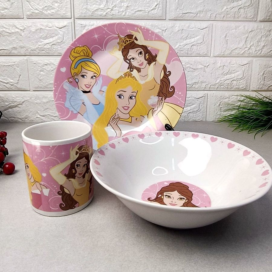 Набір дитячого порцелянового посуду для дівчаток 3 пр Принцеси, дитячий посуд Hell