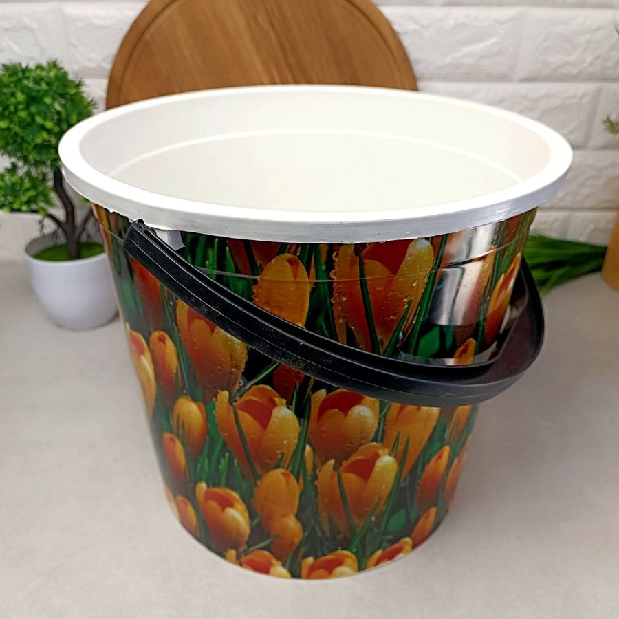 Декоративное пластиковое пищевое ведро 12л с цветами Полимерагро