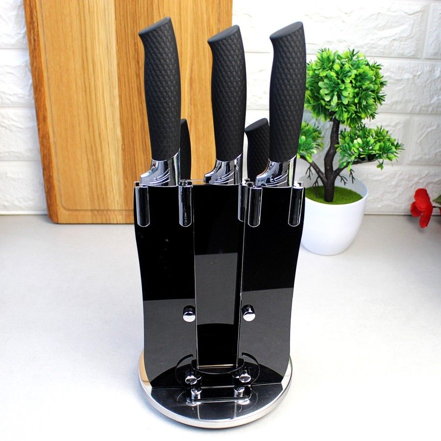 Набор черных мраморных ножей Kamille 6 предметов на вращающейся подставке Kamille