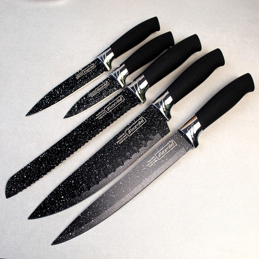 Набір чорних мармурових ножів Kamille 6 предметів на акриловій підставці Kamille