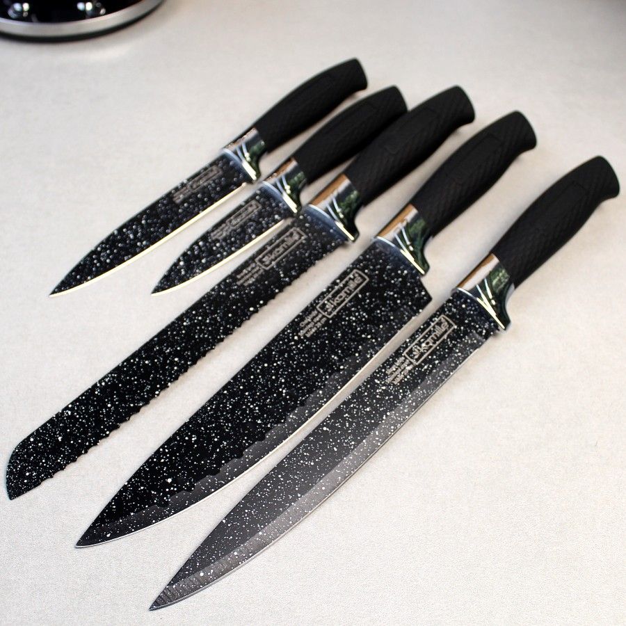 Набір чорних мармурових ножів Kamille 6 предметів на акриловій підставці Kamille