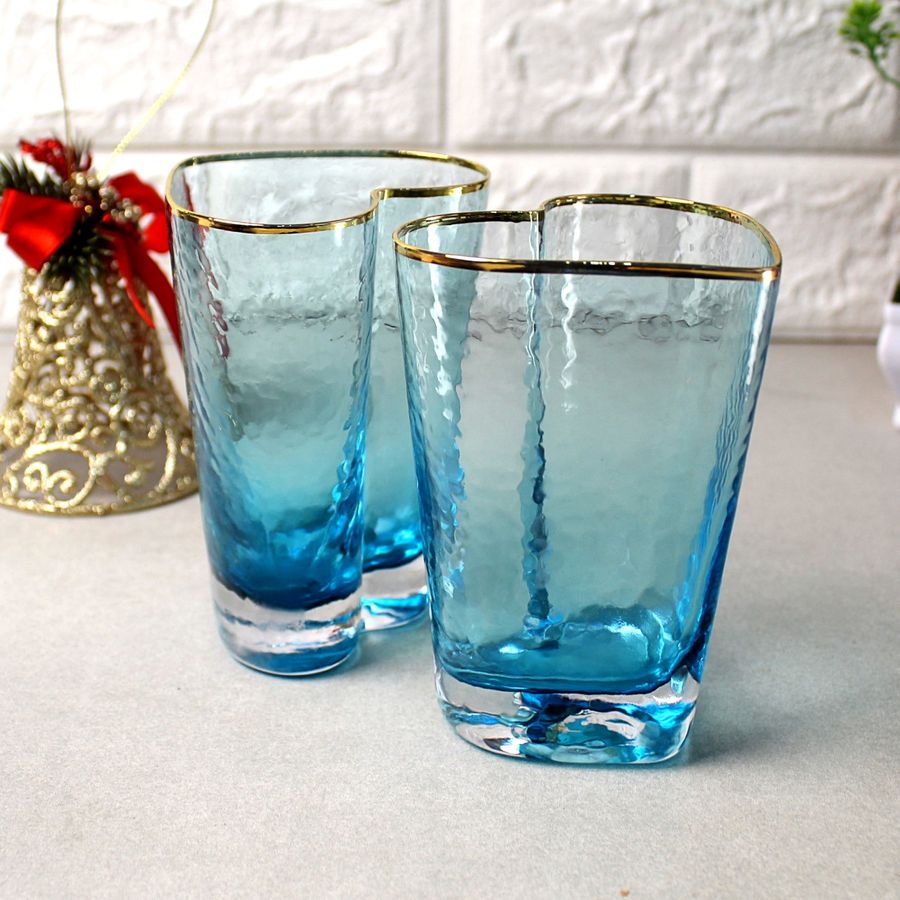 Набір блакитних склянок у вигляді серця із золотим обідком 2 шт 250 мл Блакитний лід А-Плюс