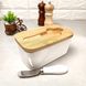 Белая фарфоровая бутербродница-масленка с ножом и с бамбуковой крышкой