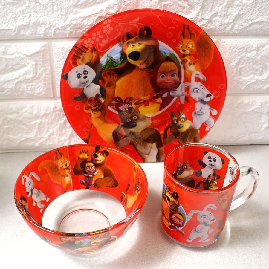 Набір дитячого скляного посуду 3 предмета з мульт-героями Маша та ведмідь, Набір дитячого посуду, різнокольоровий Hell