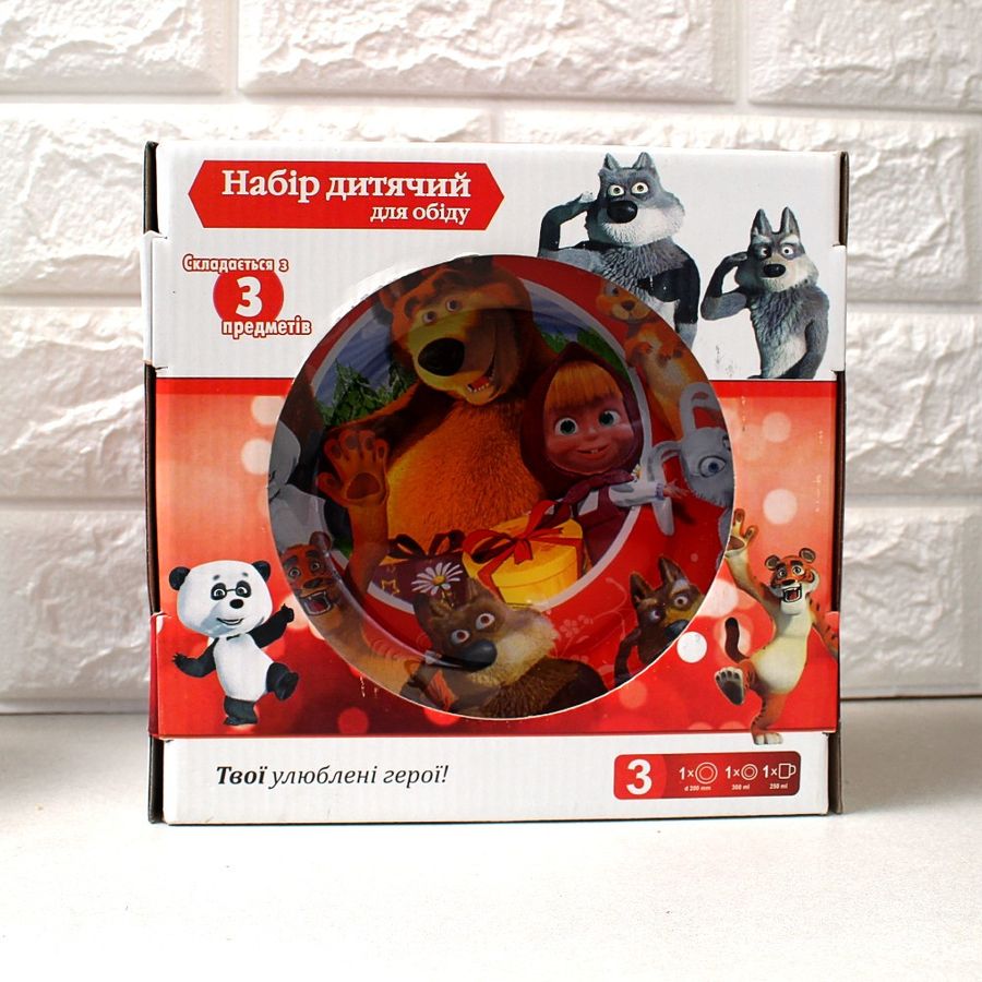 Набор детской стеклянной посуды 3 предмета с мульт-героями Маша и медведь, детская посуда Hell