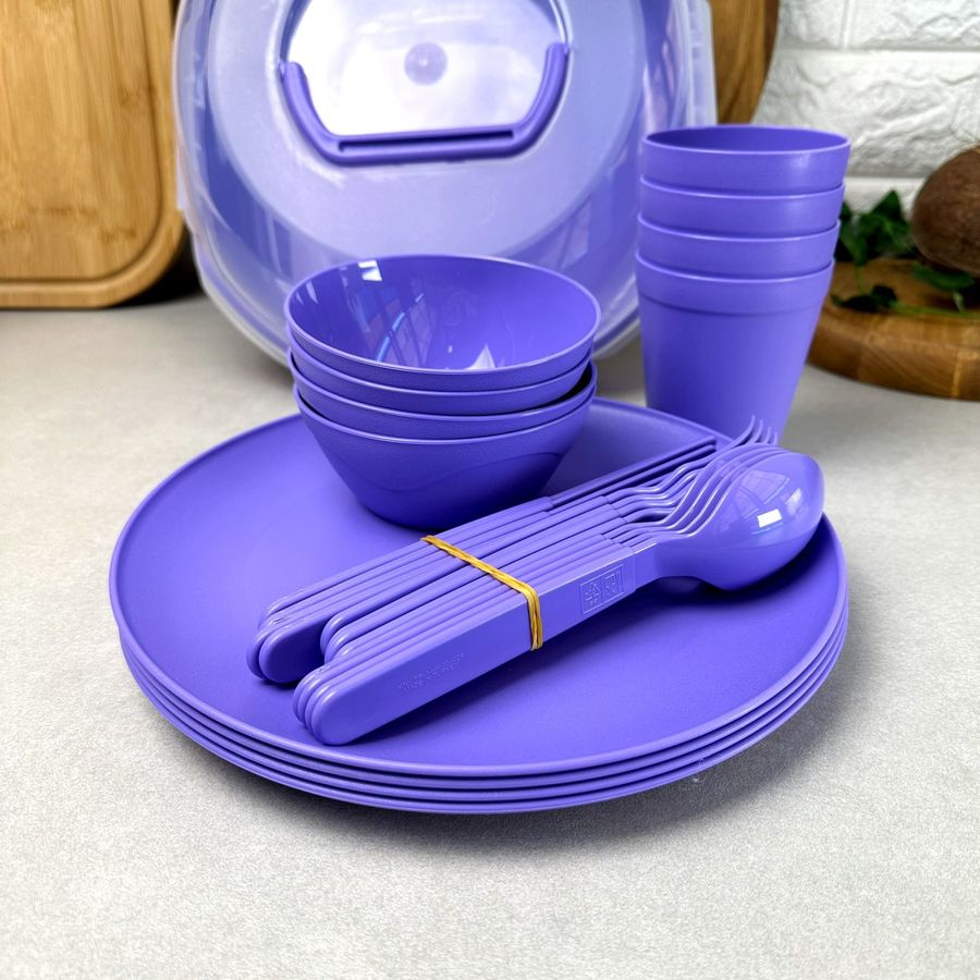 Набор пластиковой посуды для пикника на 4 персоны 25 предметов Фиолетовый Plastar Pak