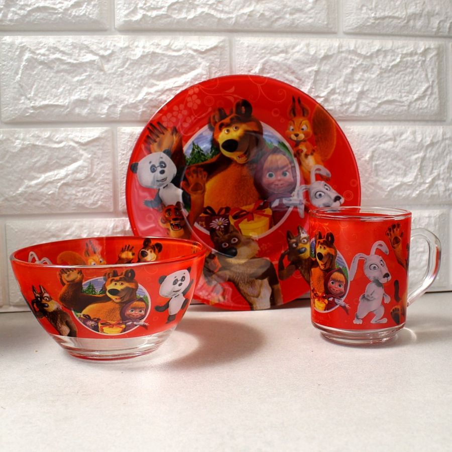 Набор детской стеклянной посуды 3 предмета с мульт-героями Маша и медведь, детская посуда Hell