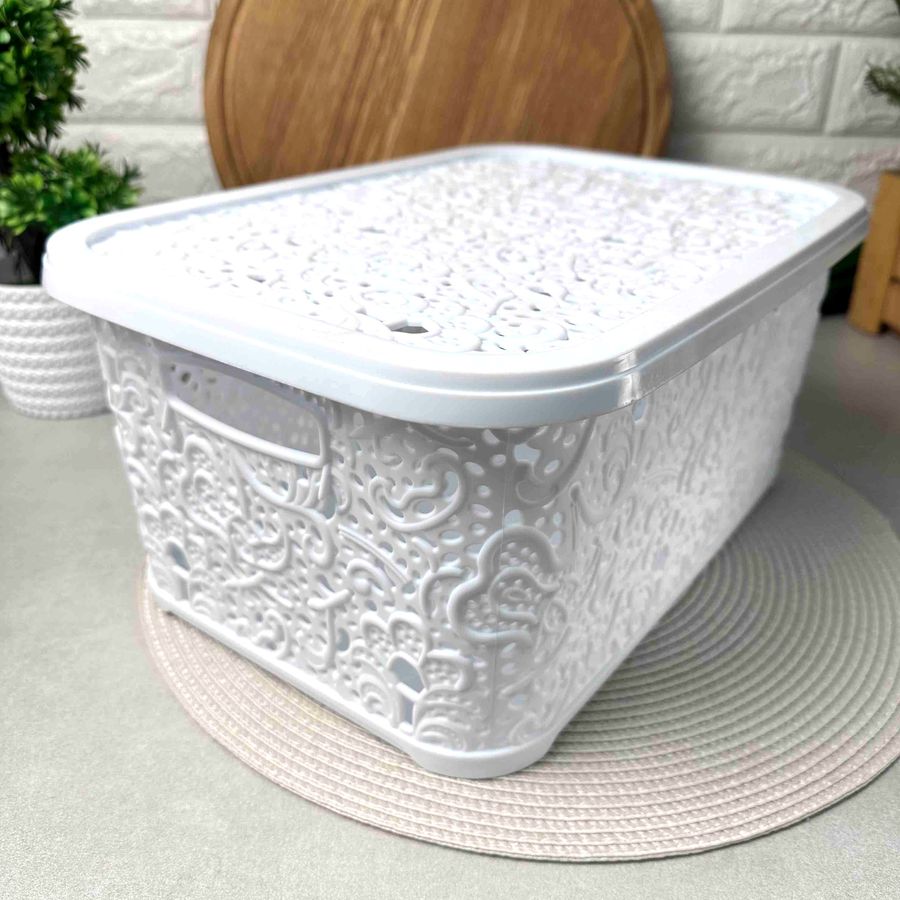 Мереживний прямокутний кошик 10 л білого кольору з кришкою, 377 Elif Elif Plastik