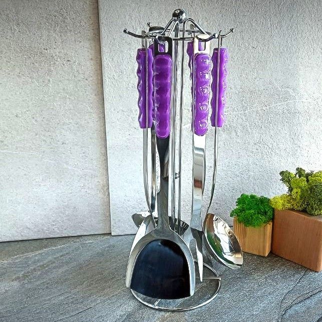 Набор кухонных принадлежностей из нержавейки на стойке (фиолетовая ручка) 6 шт Hell