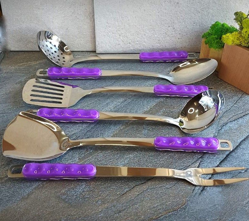 Набор кухонных принадлежностей из нержавейки на стойке (фиолетовая ручка) 6 шт Hell