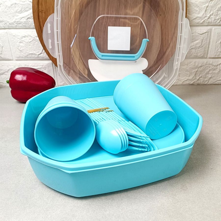 Пластиковий посуд для пікніка 22 предмети на 4 персони Блакитний Plastar Pak