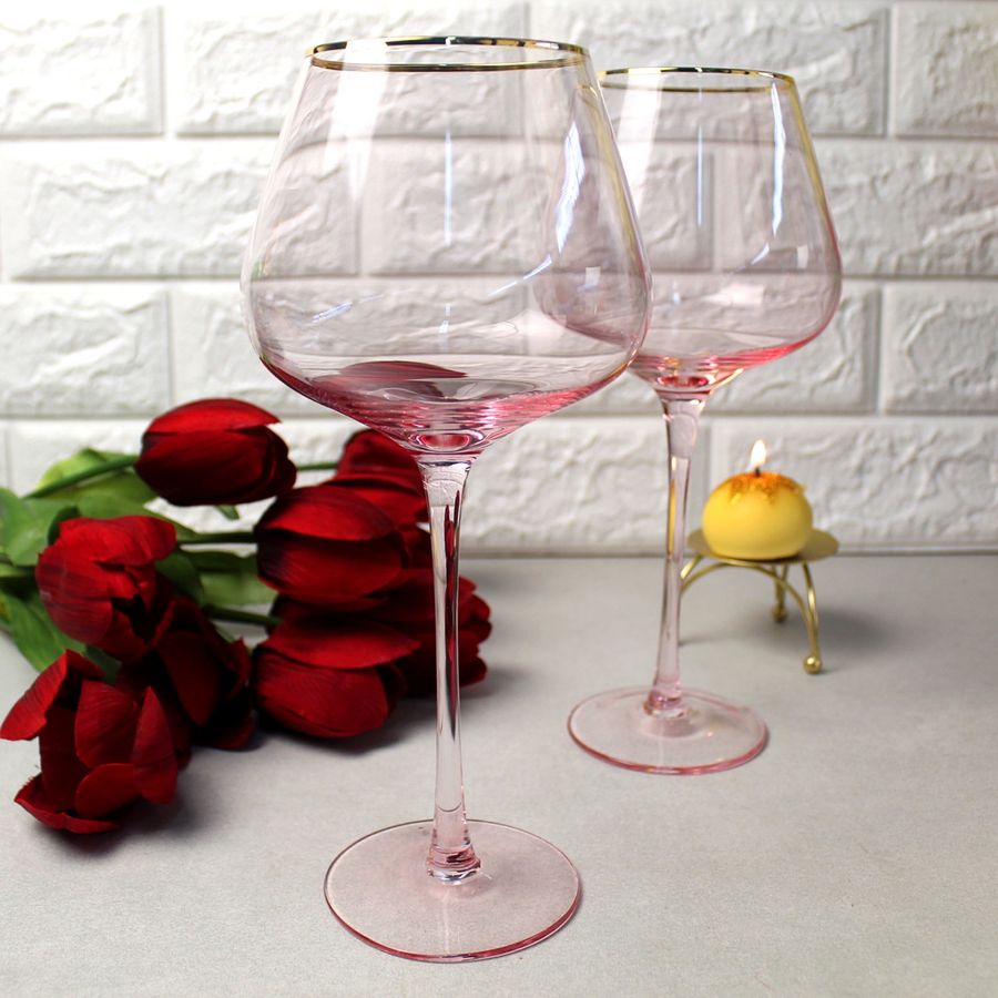 Набор розовых бокалов для вина с золотым ободком 2 шт 650 мл Розовая дымка A-plus