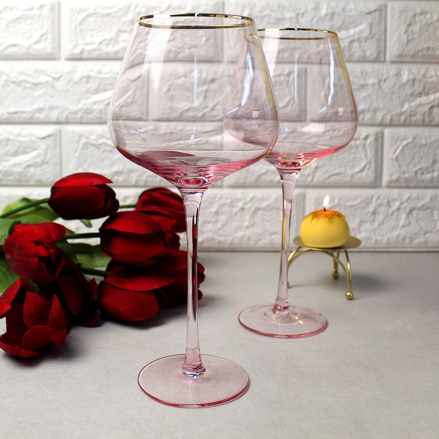 Набор розовых бокалов для вина с золотым ободком 2 шт 650 мл Розовая дымка A-plus