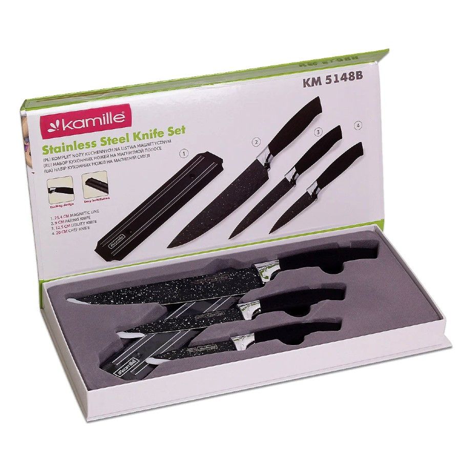 Набор чёрных кухонных ножей Kamille на магнитной планке 4 предмета (3 ножа+держатель) Kamille