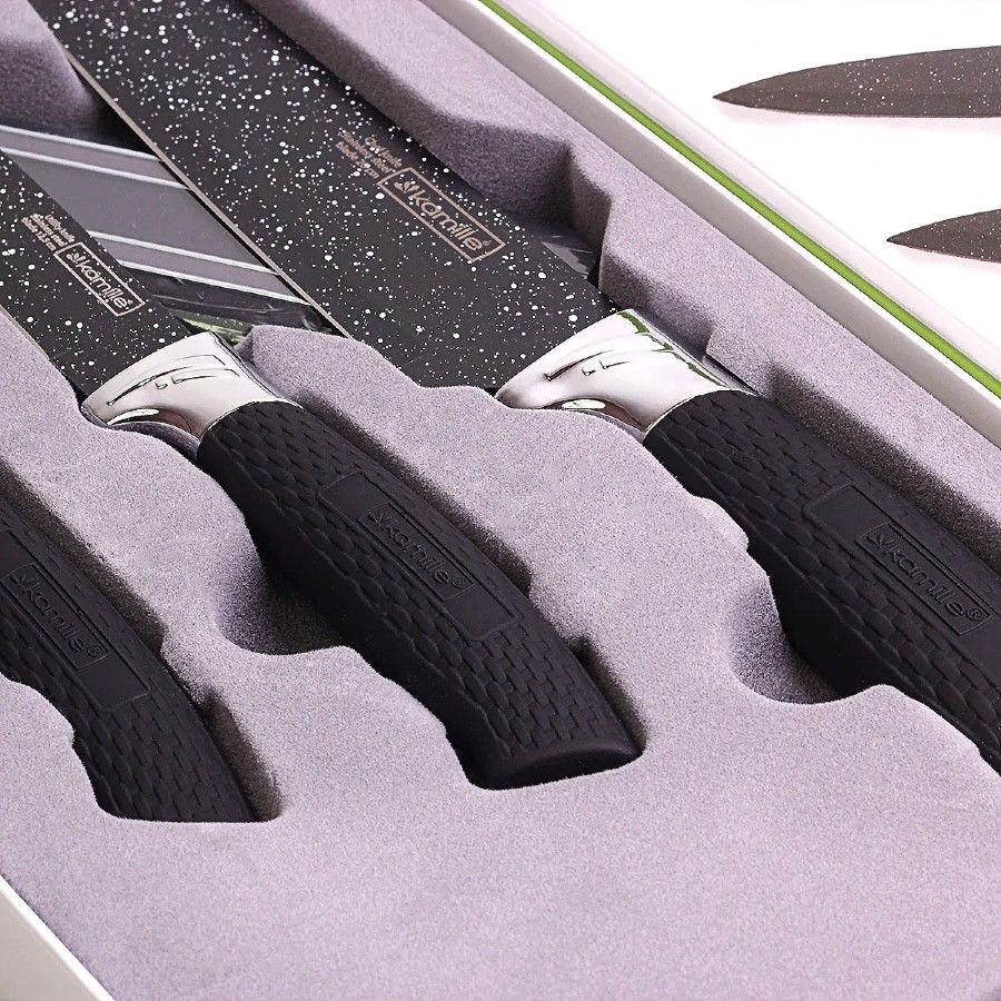 Набор чёрных кухонных ножей Kamille на магнитной планке 4 предмета (3 ножа+держатель) Kamille