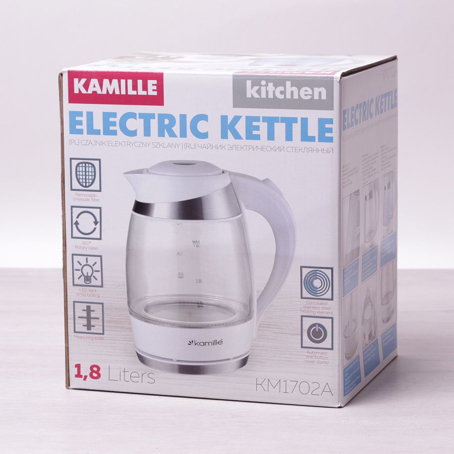 Чайник електричний Kamille 1.8 л з синім LED-підсвічуванням і сталевими білими декоративними вставками Kamille
