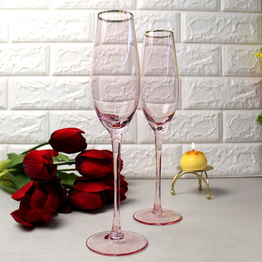 Набір рожевих келихів для шампанського із золотим обідком 2 шт 650 мл Рожевий серпанок A-plus