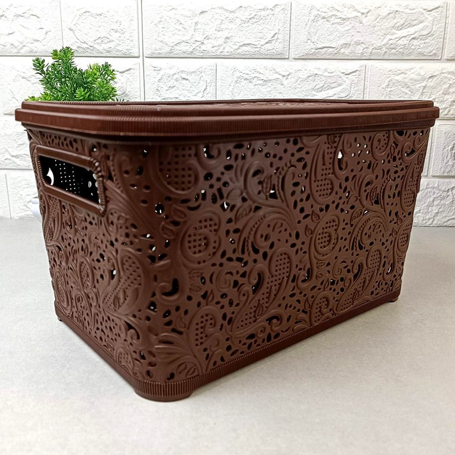 Ажурная коричневая корзинка для хранения с крышкой 7.5л Полимерагро