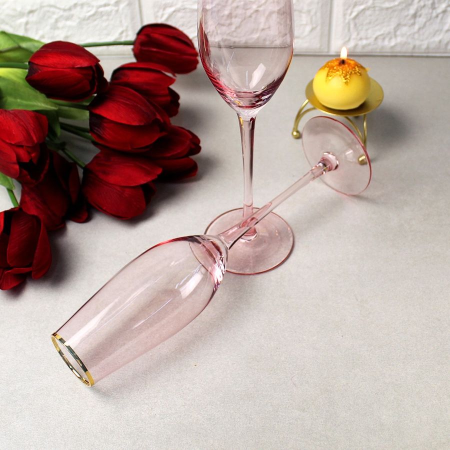 Набор розовых бокалов для шампанского с золотым ободком 2 шт 2100 мл Розовая дымка A-plus